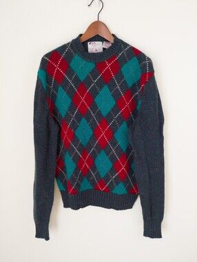 Vintage Club International Shetland Wool Argyle Crewneck Sweater Size Large